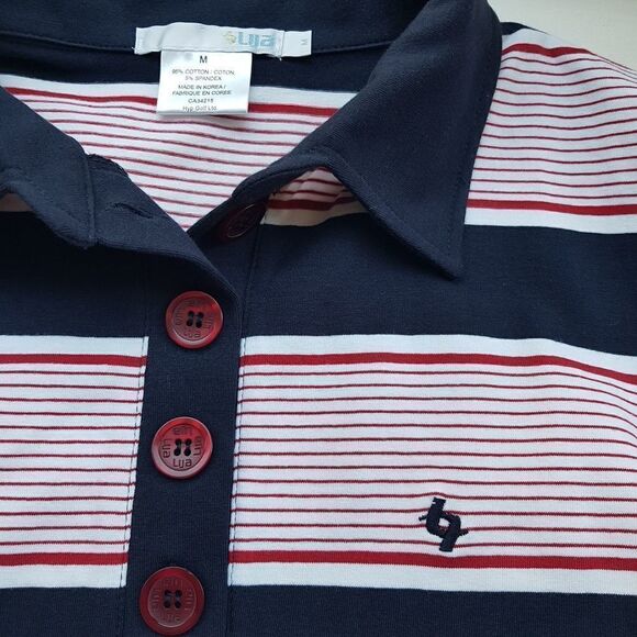 LIJA Golf Sports Shirt Navy, Red and White Stipes and Cap Sleeve Medium  … - Picture 6 of 12